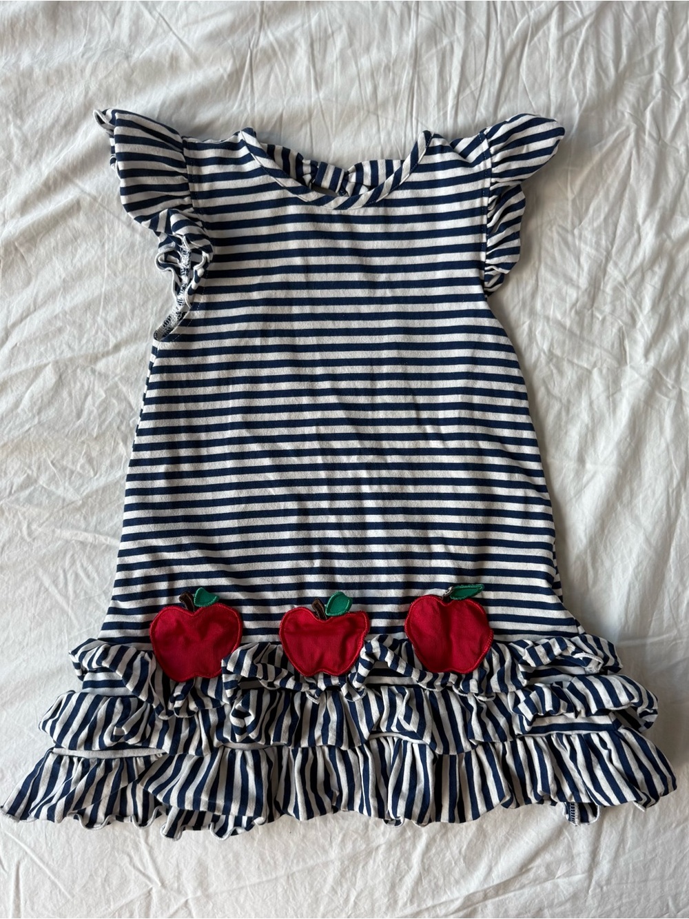 Back-To-School Striped Dress with Ruffles, Flutter Sleeves, and Apple Appliqués